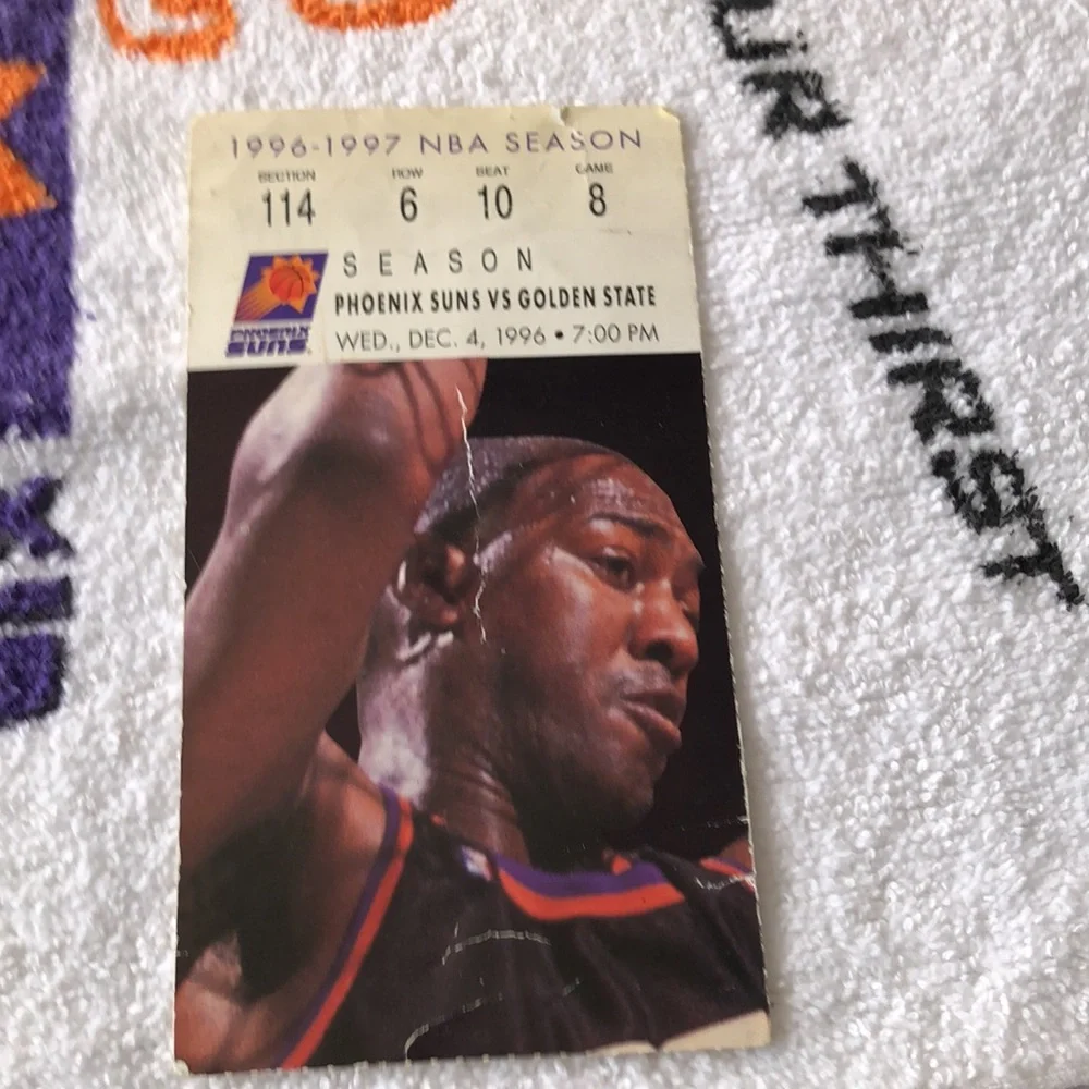 Phoenix suns towel, with Dec 4 1996 and Partial 1998 ticket stubs